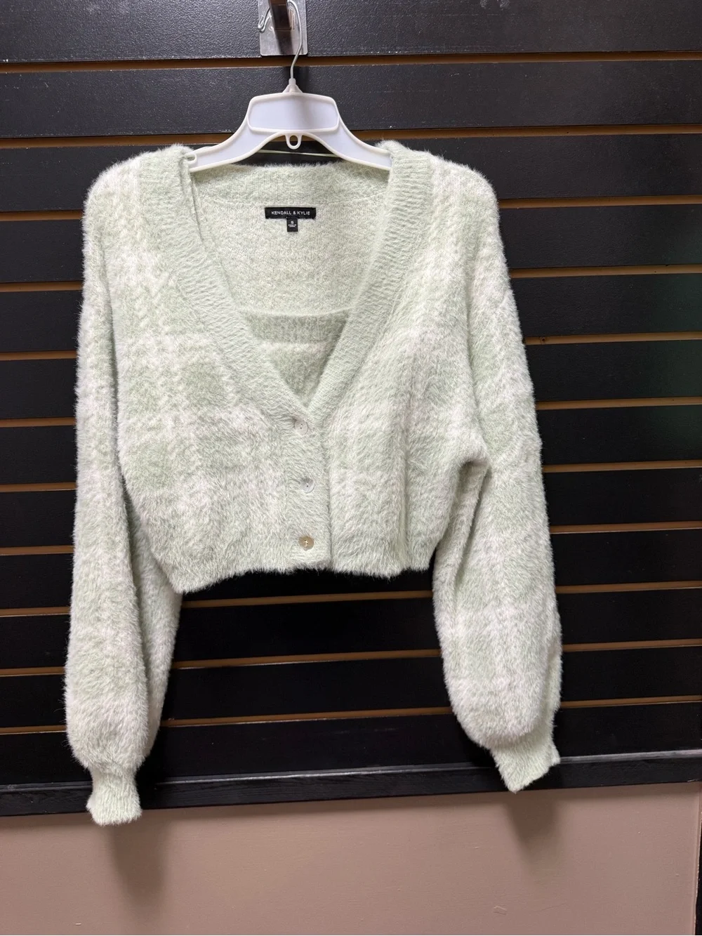 Kendall + Kylie 2 Piece Fuzzy Cardigan & Cami Set Mint Green Plaid Small